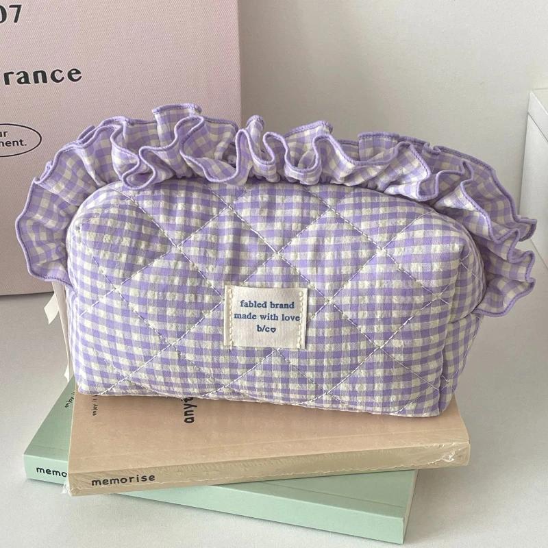 Kontrastfarbene Karomuster Damen Kleine Aufbewahrungstaschen Beutel Geldbörse Damen Kosmetiktasche Handtaschen Süßes Spitze Damen gesteppte Kosmetiktasche