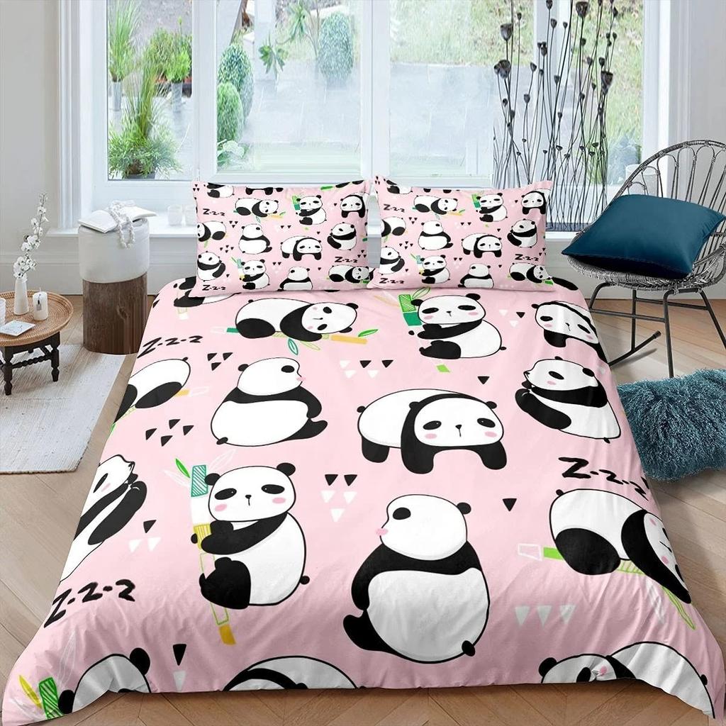 Panda Duvet Cover Set Cherry Blossoms Cute Animal Bedding Set Flower Branches Cartoon Double Queen King Polyester Quilt Cover