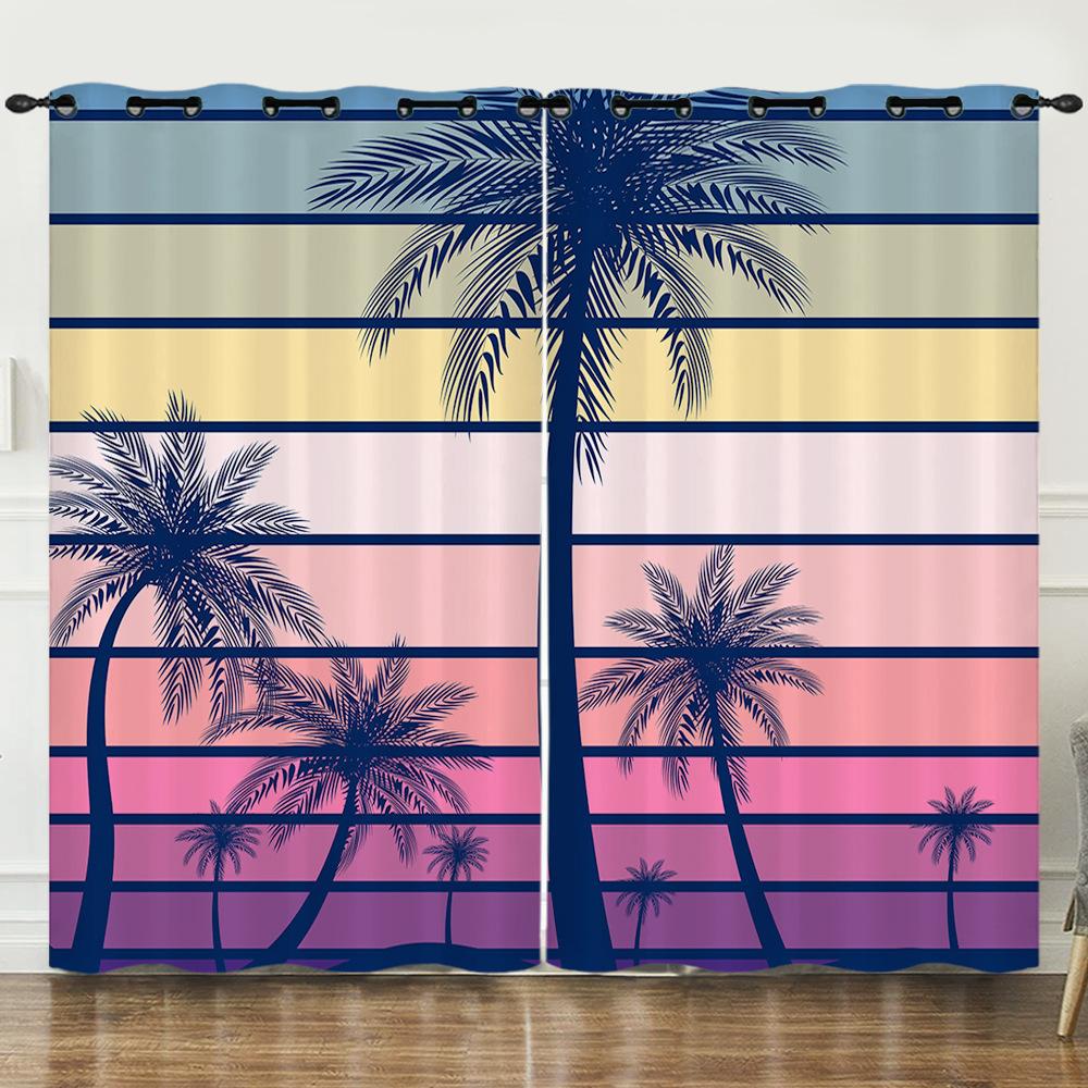 Curtain Summer Coconut Tree Sunset Landscape 3D Digital Printing Blackout Curtain Punching