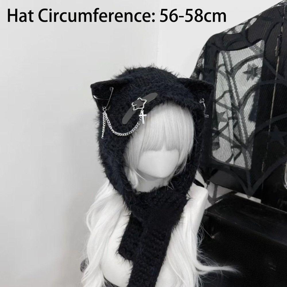 New Harajuku Japanese Cat Ear Hat Cross Chain Leather with Scarf Women Y2K Punk Knitted Caps Buckle Warm Ear Flap Hat