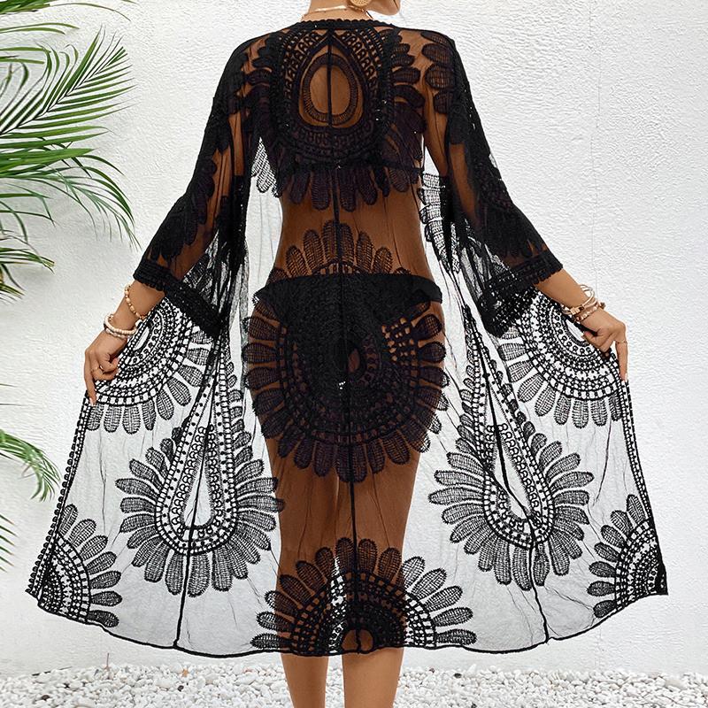 Damskie Czarne Koronkowe Szydełkowane Kimono Cover Up Haft Kwiatowy Przezroczysta Siatka Wiązane w Pasie Odzież Plażowa