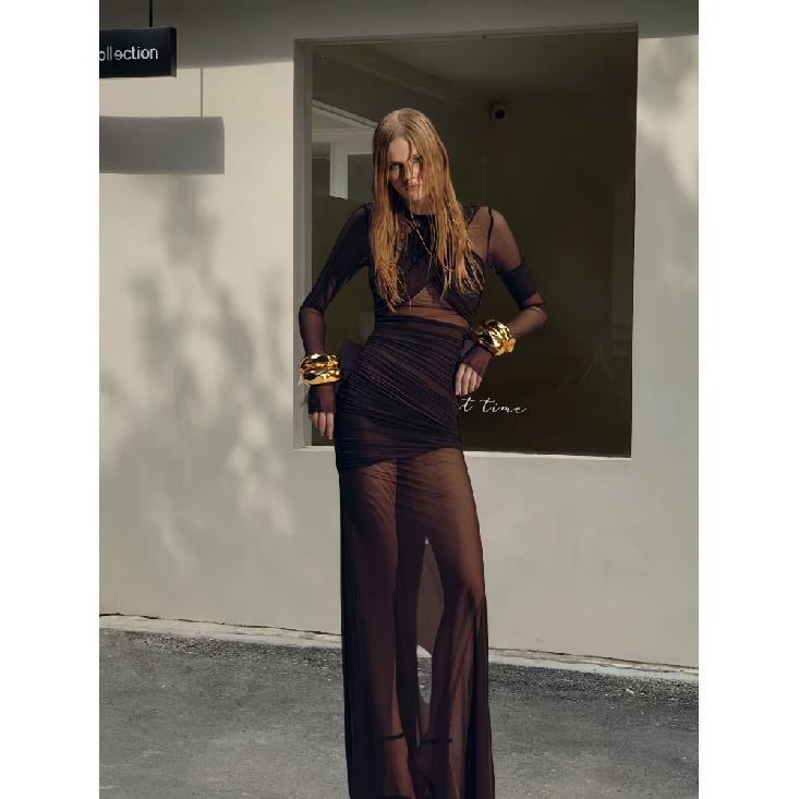 Mesh Patchwork Sheer Maxi Dress For Women Ruched Long Sleeve Bodycon Party Club Evening Dresses Elegant Vestido Robe