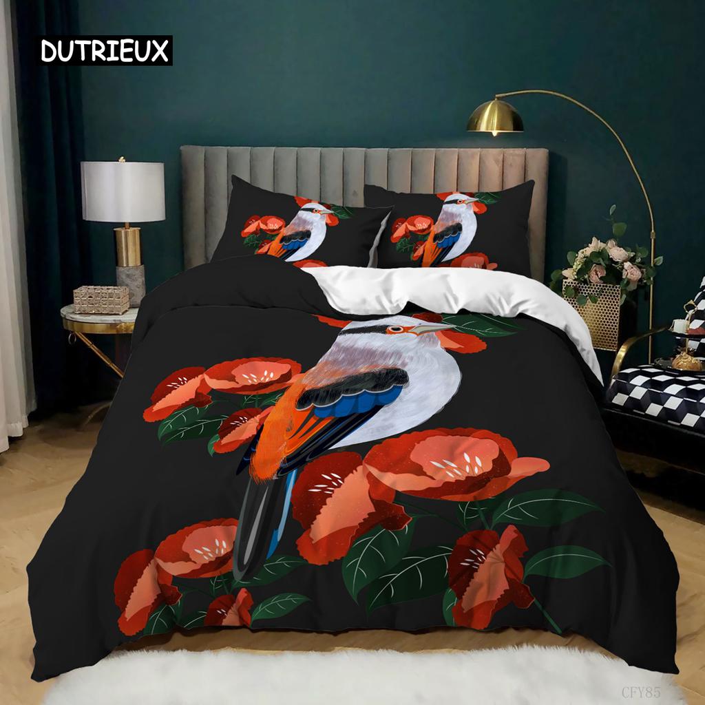 Papegoja påslakan King Size Realistiska Fåglar på Grenar Ara Tropiskt Vilda Djur Sängkläder Set Mjukt Polyester Påslakan