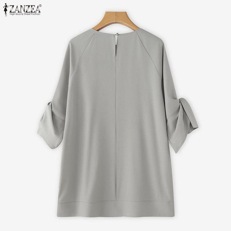 ZANZEA Women Casual Round Neck Bows Splice 3/4 Sleeve Loose Blouse