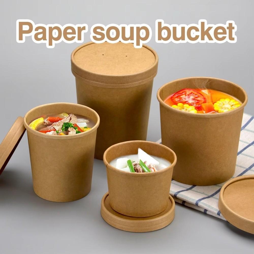 10PCS Disposable Takeaway Packing Boxes with Lid Round Paper Soup Bucket Kraft Paper Lunch Box