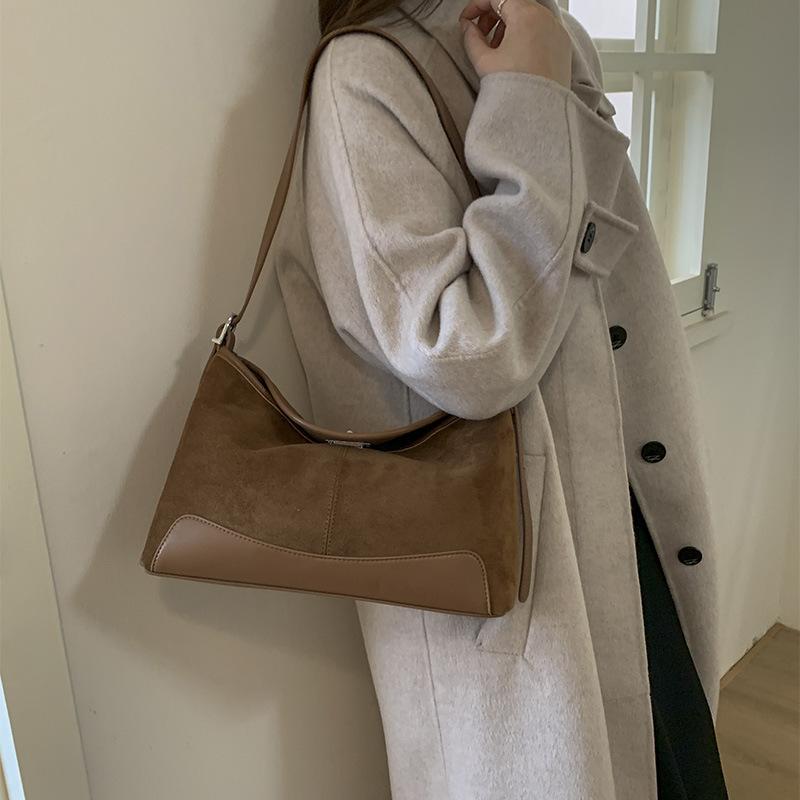 2025 New Niche Retro Suede Splicing Tote Bag Women's Large-capacity Commuter Bag Simple and Versatile Shoulder Bag