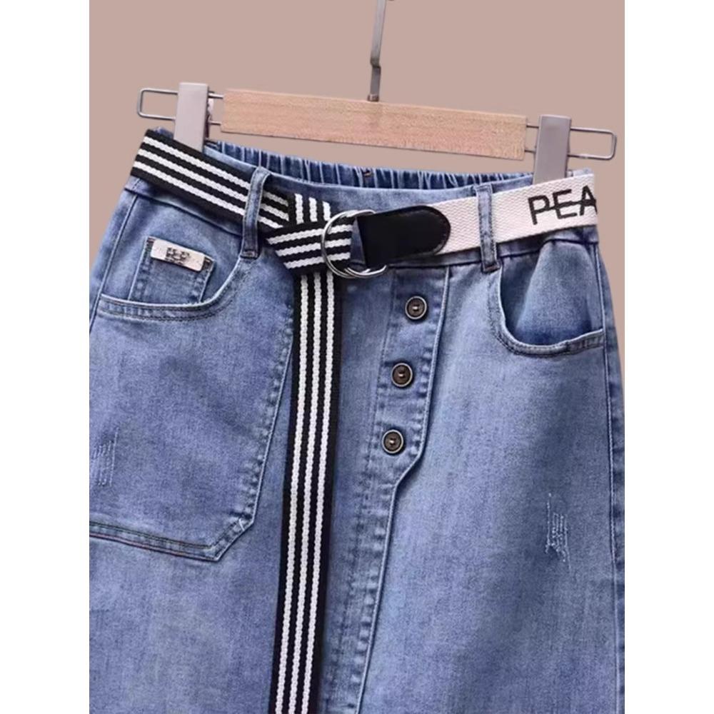 Frühling Sommer Jeansrock Damen Elastisch Hochtailliert A-Linie Hüftumspielende Röcke Lässig