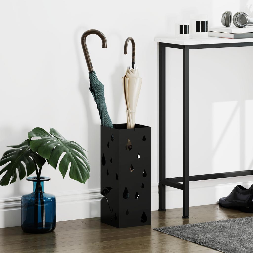 Steel Umbrella Stand, Square Umbrella Holder with 4 Hooks and Removable Drip Tray, Hollowed Umbrella Basket for Hallway, Black