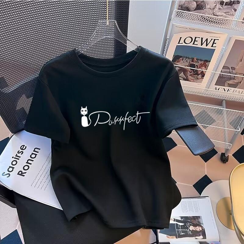 

Simple letter print short-sleeved T-shirt women s summer basic pure cotton loose and versatile white front shoulder bottoming top ins XXXL