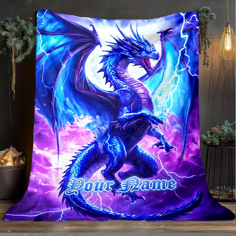 1PC Custom Name Blue Dragon Thunderstorm Outdooor Flannel Blankets Patterns Throw Blanket All-Season Soft Gift for Couch, Bed, Camping Gifts