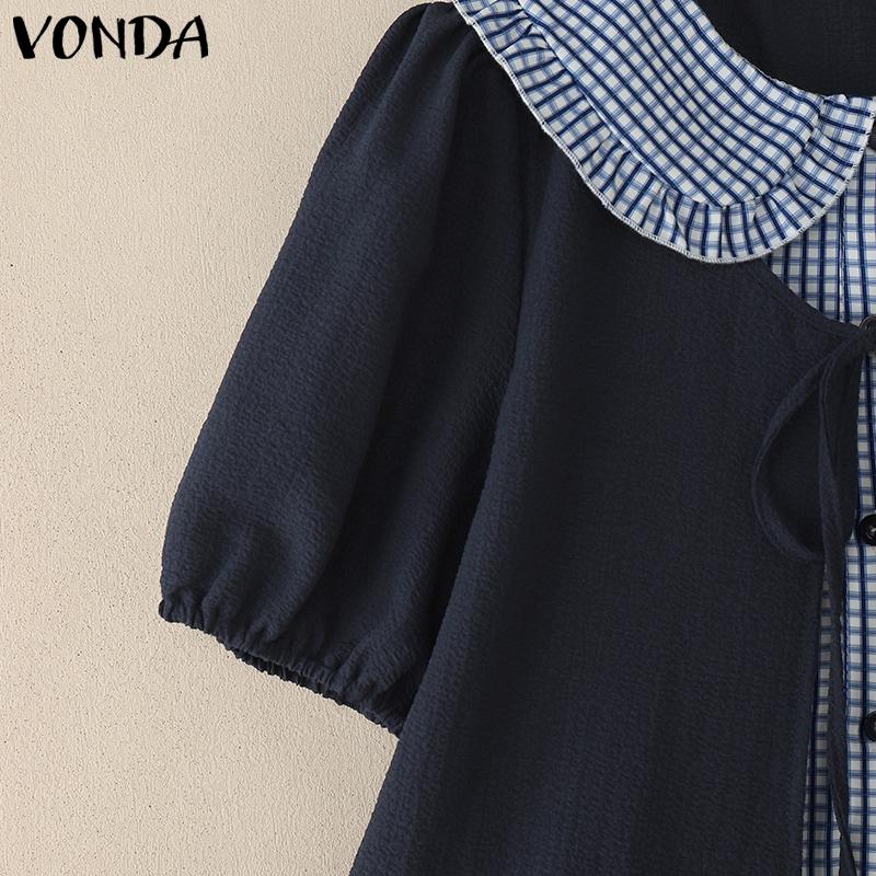 VONDA Women Girls Puff Sleeve Bow Knot Fake Two-piece Plaid Casual Blouse