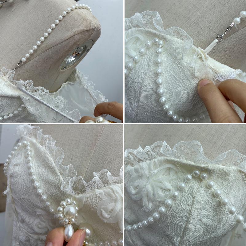 French Retro One-Shoulder Pearl Strap Lace Top with Chest Pads