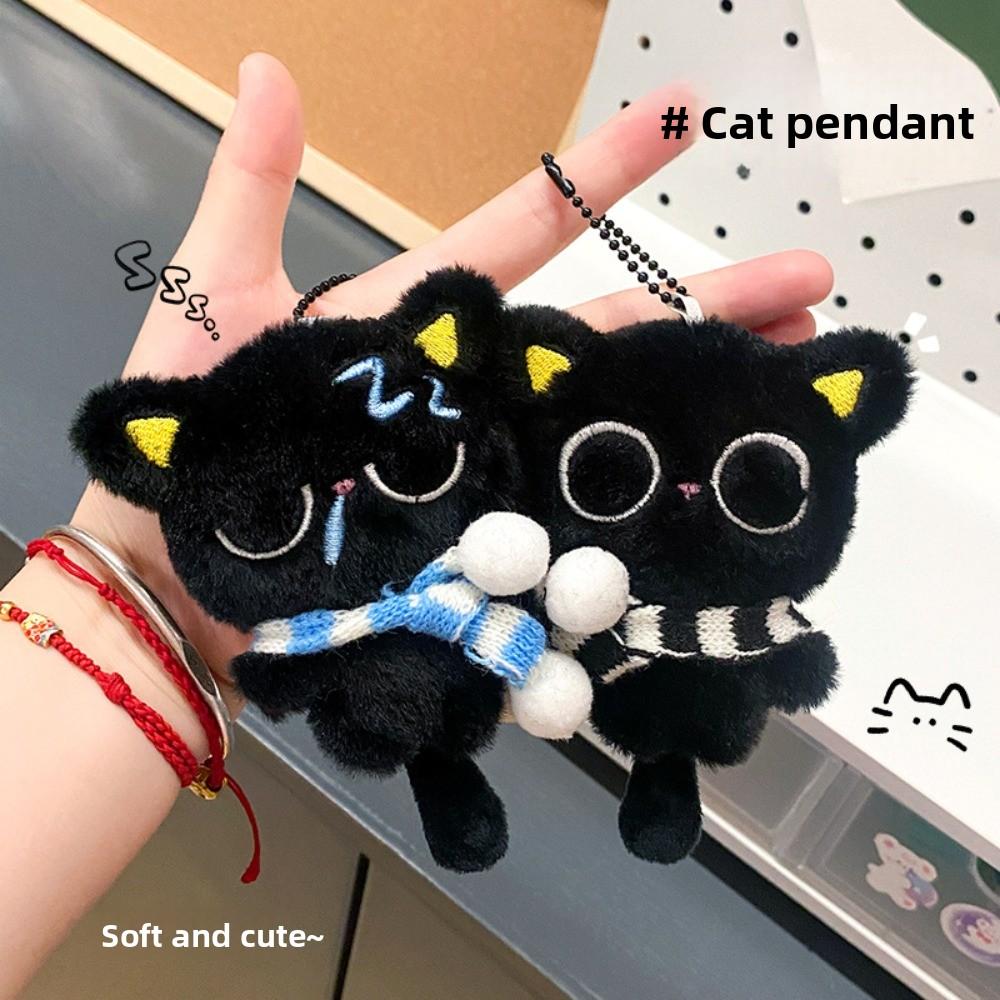 Sleepy Black Cat Plush Keychain Soft Car Key Ring New Bag Charms School Bag Decoration