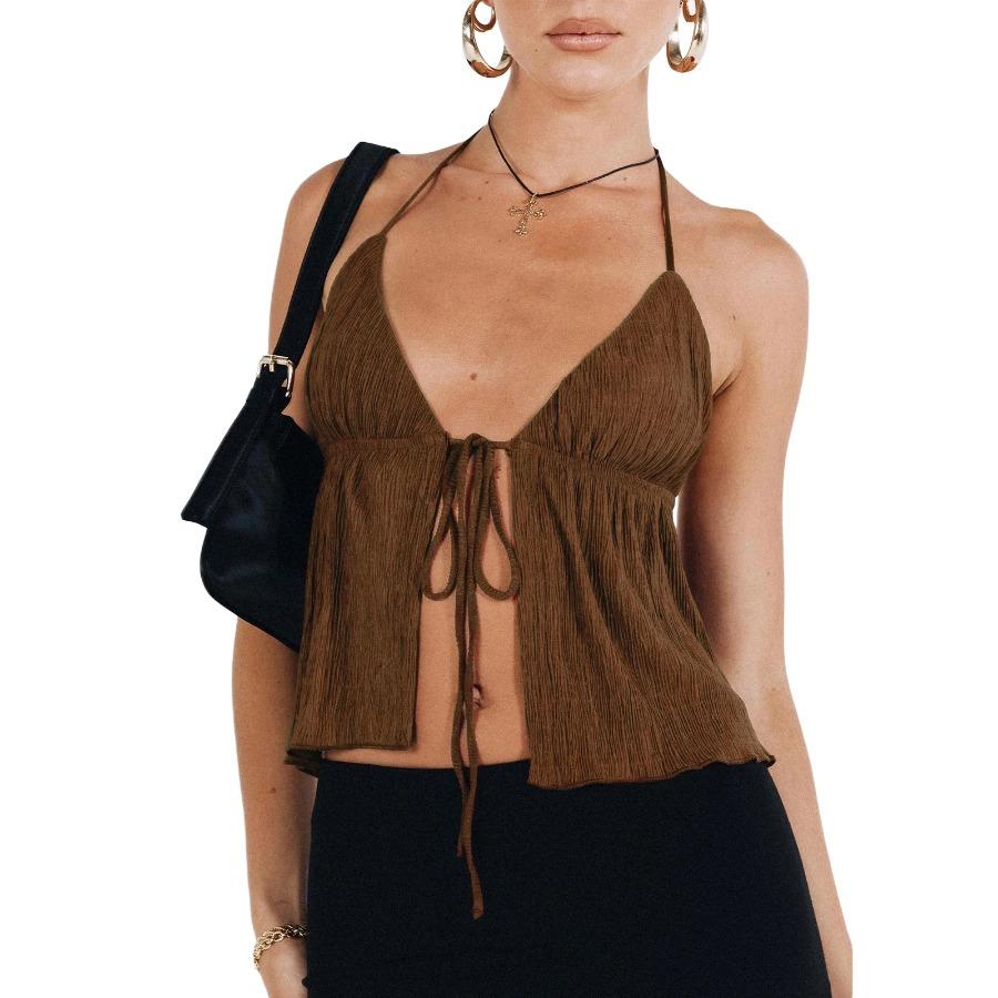 

Women Y2K Front Tie Top Sexy Deep V Neck Halter Tank Top Sleeveless Spaghetti Strap Cami Top Flowy Streetwear S