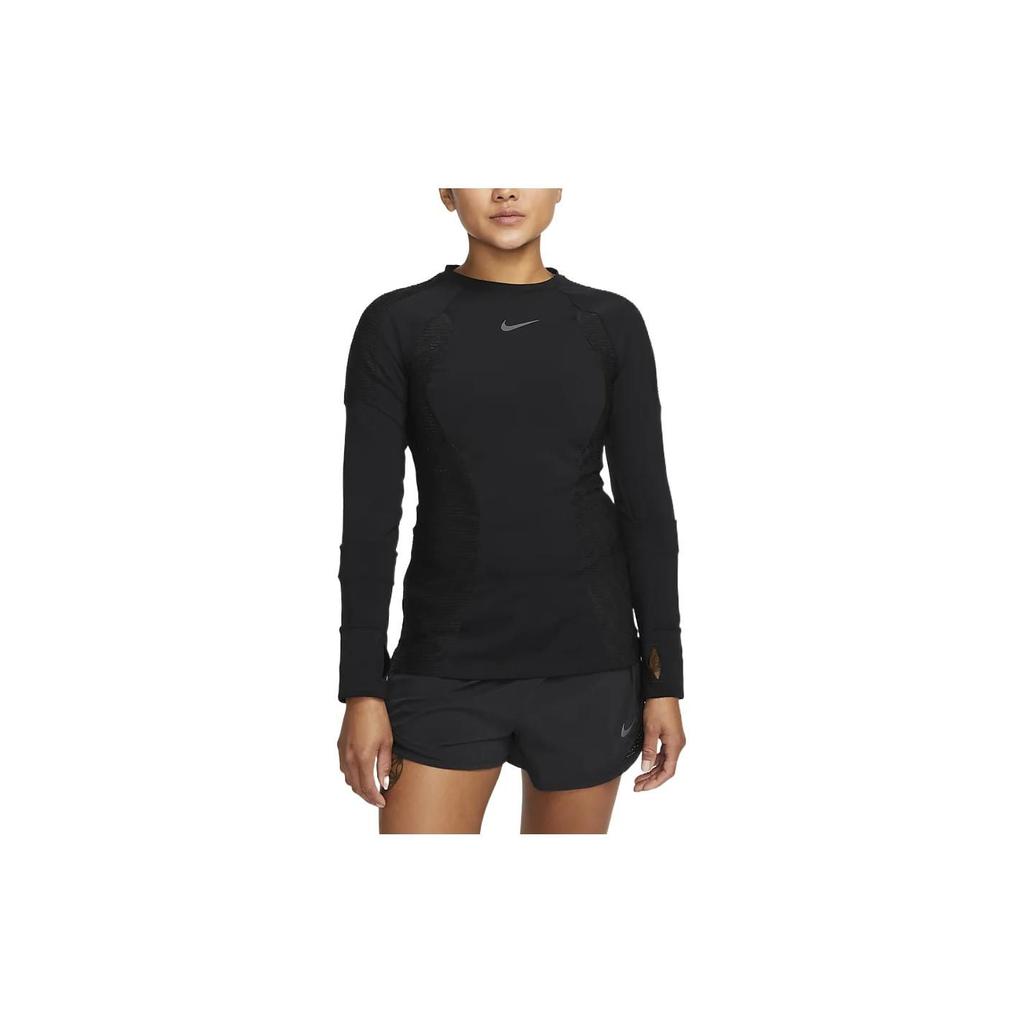 Nike Solid Color Logo Print Fitness Sports Crew Neck Long Sleeve Raglan T-Shirt Women Tops Black DQ6639-010