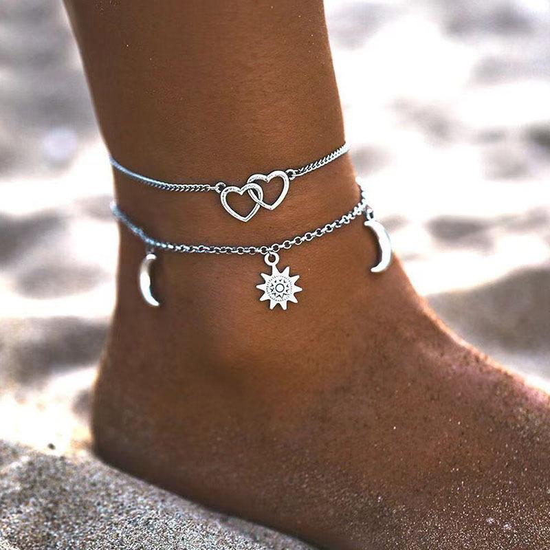 Women's Double Bohemian Heart Anklet - Layered Summer Beach Foot Chain, Love Personality Ankle Bracelet