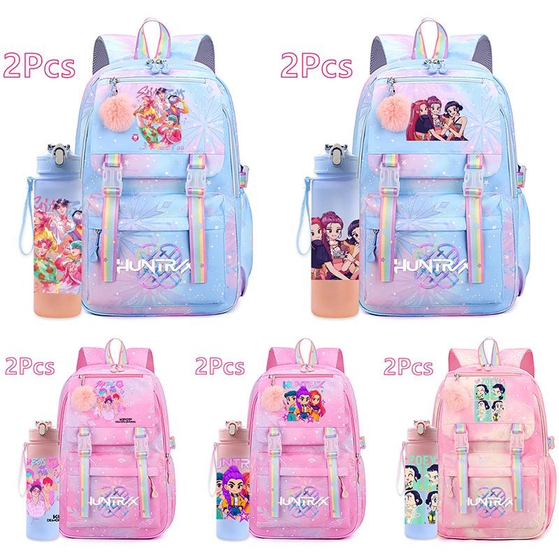 2Pcs/set Anime K-pop Printed Backpack with 750Ml Water Bottler Large Capacity Travel Bag for Teenager Girl Boy Bookbag Kid Gift Large Capacity Bag