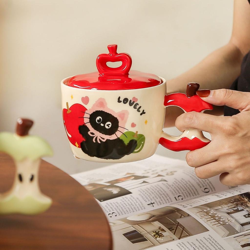 Cartoon Cat Apple Mug High Looking Ceramic Cup with Lid Souvenir for Girls Couple Home Water Cup with Lid