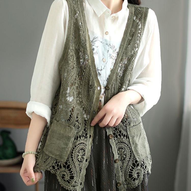Bohemian Cotton Lace Cardigan Vest with Pockets and V-Neck