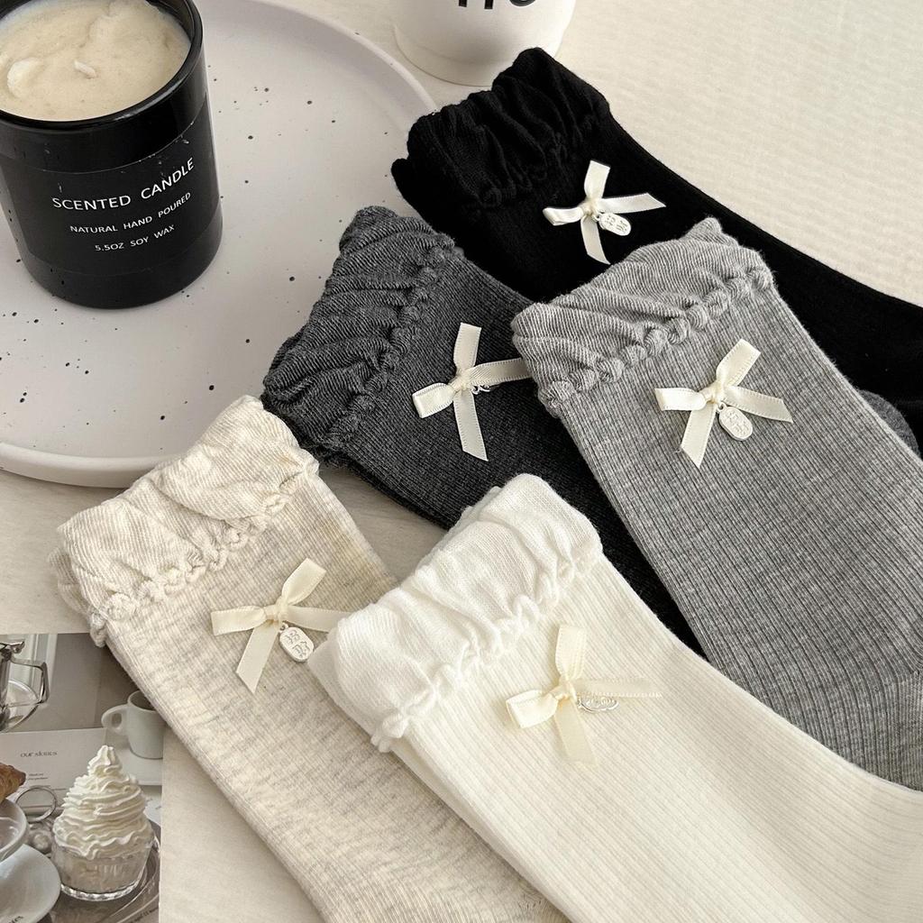 Bow Lace Cartoon Pile Off-White Mid-Calf Socks - Autumn Trendy Accessories for Kids
