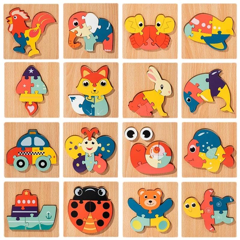 4Pcs Children 3D Wooden Animal Puzzle Kindergarten Early Education Development Stereoscopic Toddlers Toys for 2-3 Year Old Baby