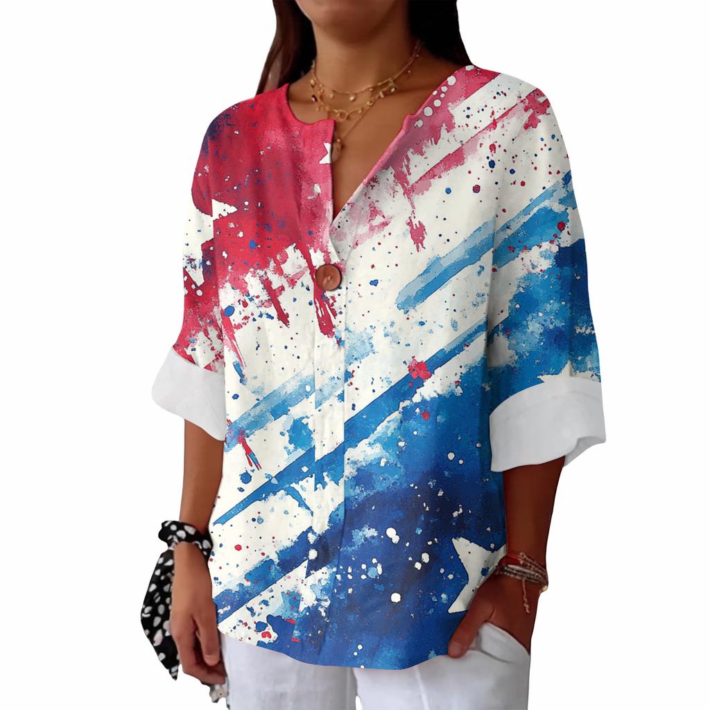 Women's Fashion Casual Button V-Neck Cotton And Linen Independence Day Printed Seven Sleeve T-Shirt Top