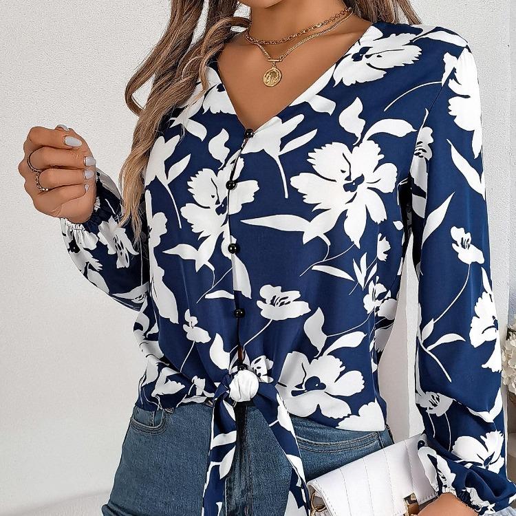 Women V-Neck Long Sleeve Blouse Stylish Print Shirt for Spring Autumn Season
