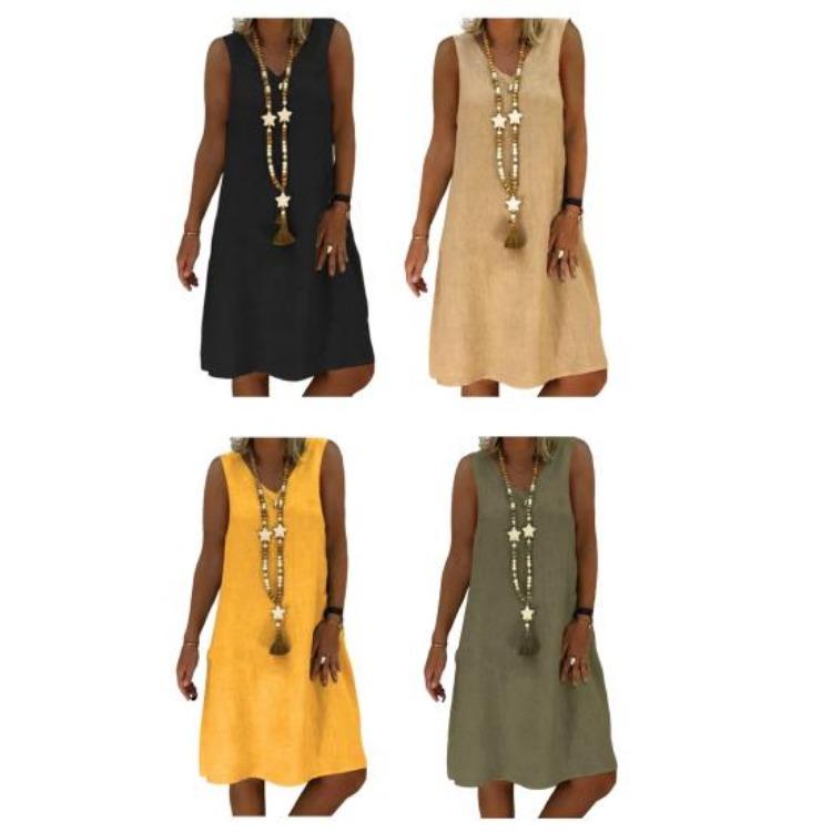 Summer Vacation Beach Dress Lady Sleeveless V Neck A Line Solid Color Knee Length Midi Pullover Vest Dress