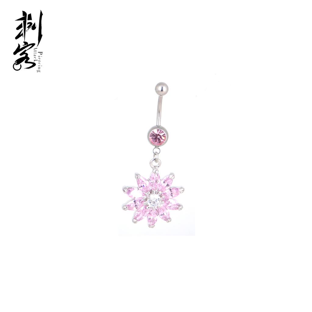 Stainless Steel Banana Rhodium Paved Crystal Flower Dangle Belly Rings Body Piercing Jewelry