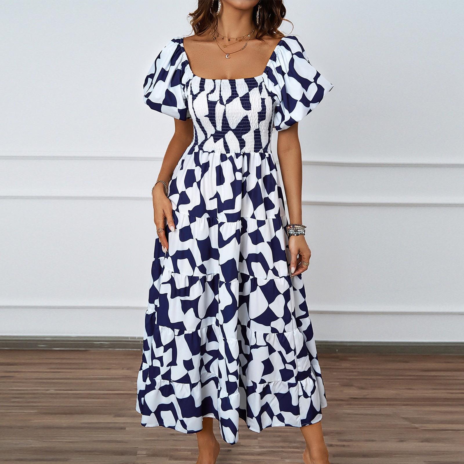 

Женское модное платье с квадратным вырезом и цветочным принтом, короткими рукавами и эффектом темперамента XL белый