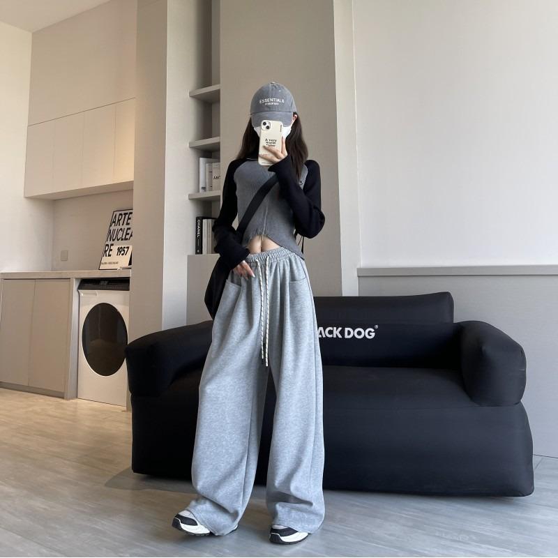 Navy Blue Wide-leg Pants Women's Spring and Autumn New High Waist Drape and Thin Loose Straight Sweatpants Casual Sports Trousers