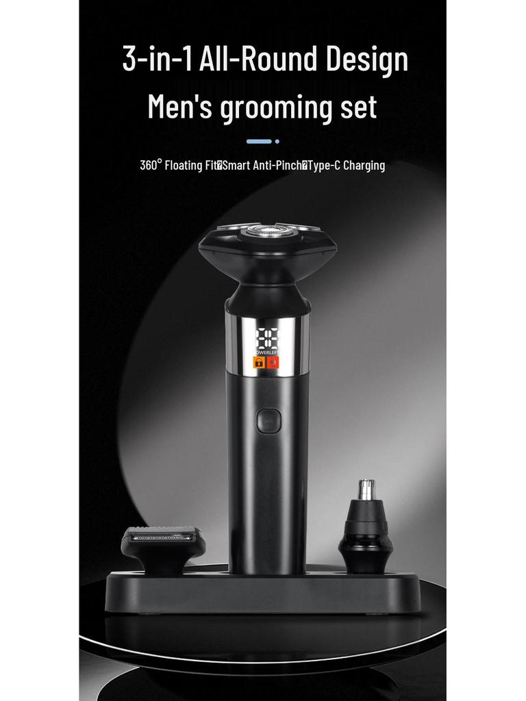 Men's 3-in-1 Electric Shaver with Digital Display, Water-Washable 3D Floating Cutter for Beard