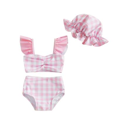 Toddler Girl Bikini Set Swimsuit Plaid Print Flutter Sleeves Tank Tops with Shorts and Hat Bathing Suit 3 Pcs Beachwear