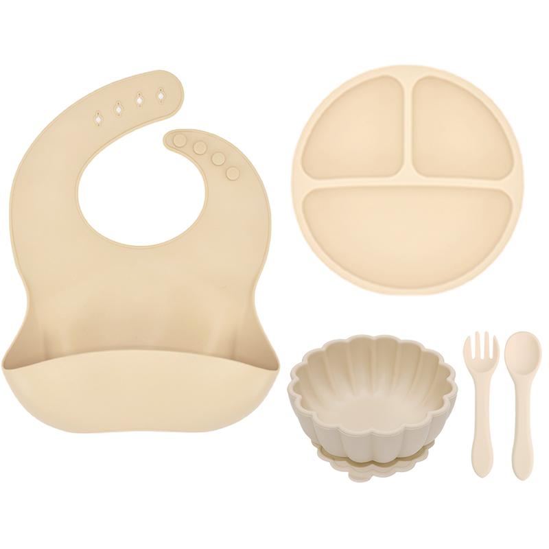 5Pcs Silicone Baby Feeding Set BPA Free Suction Bowl Divided Plate Wood Handle Spoon Fork Silicone Bibs Children Tableware