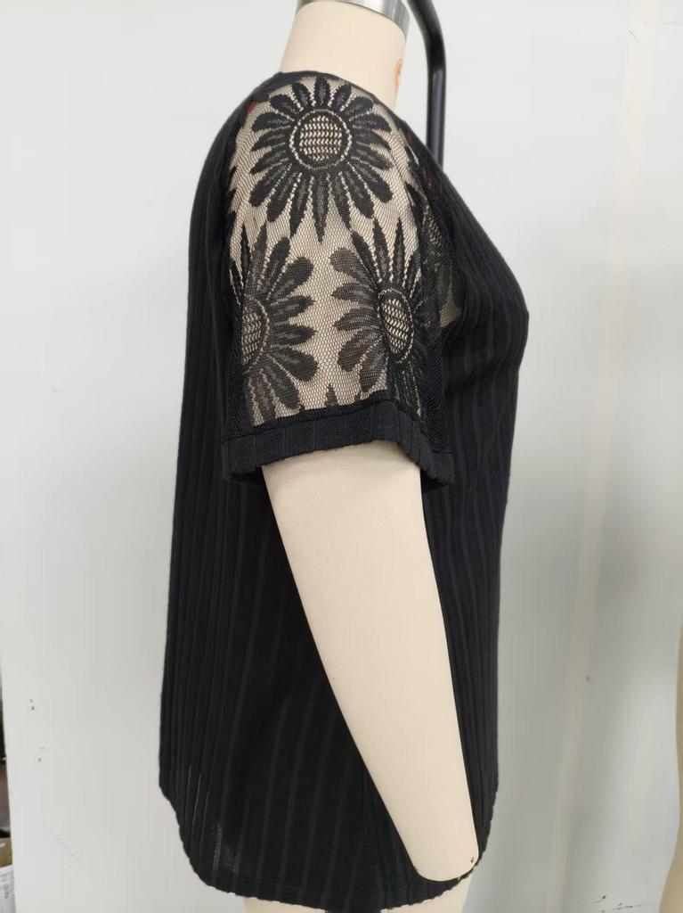 Frühling/Sommer 2026 Damen Übergröße V-Ausschnitt Spitzen-Patchwork Kurzarm-Top