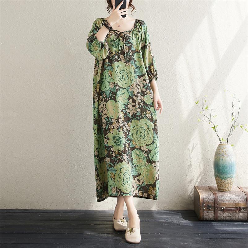 Krátký rukáv Plus size Bavlněné vintage květinové nové šaty pro ženy ležérní volné dlouhé letní šaty