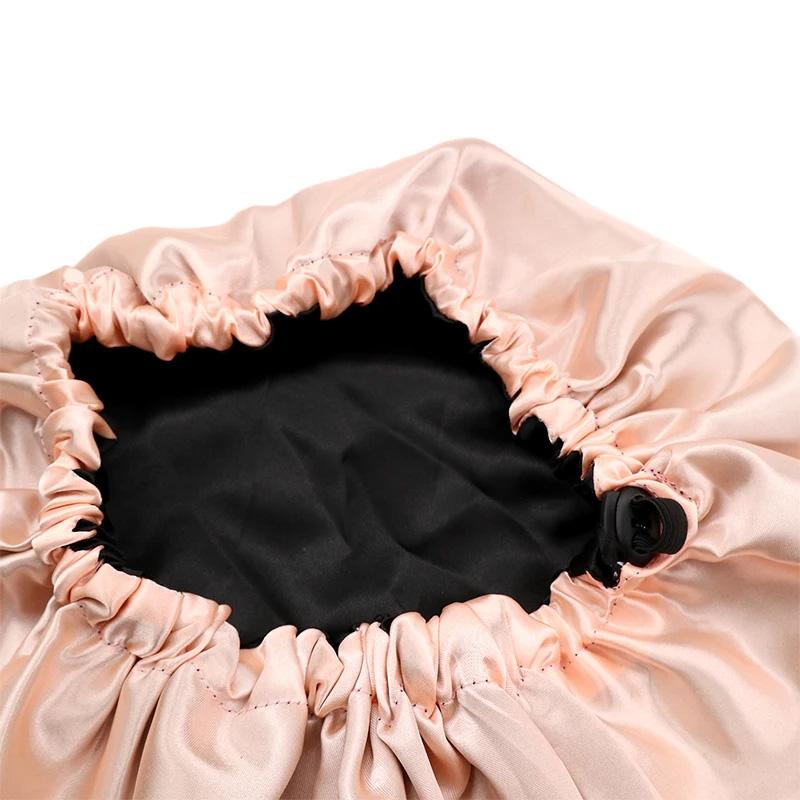 1pc Double Layer Adjustable Satin Bonnet Solid Color Elastic Button for Women Hair Hat Nightcap Silky Satin Fabric