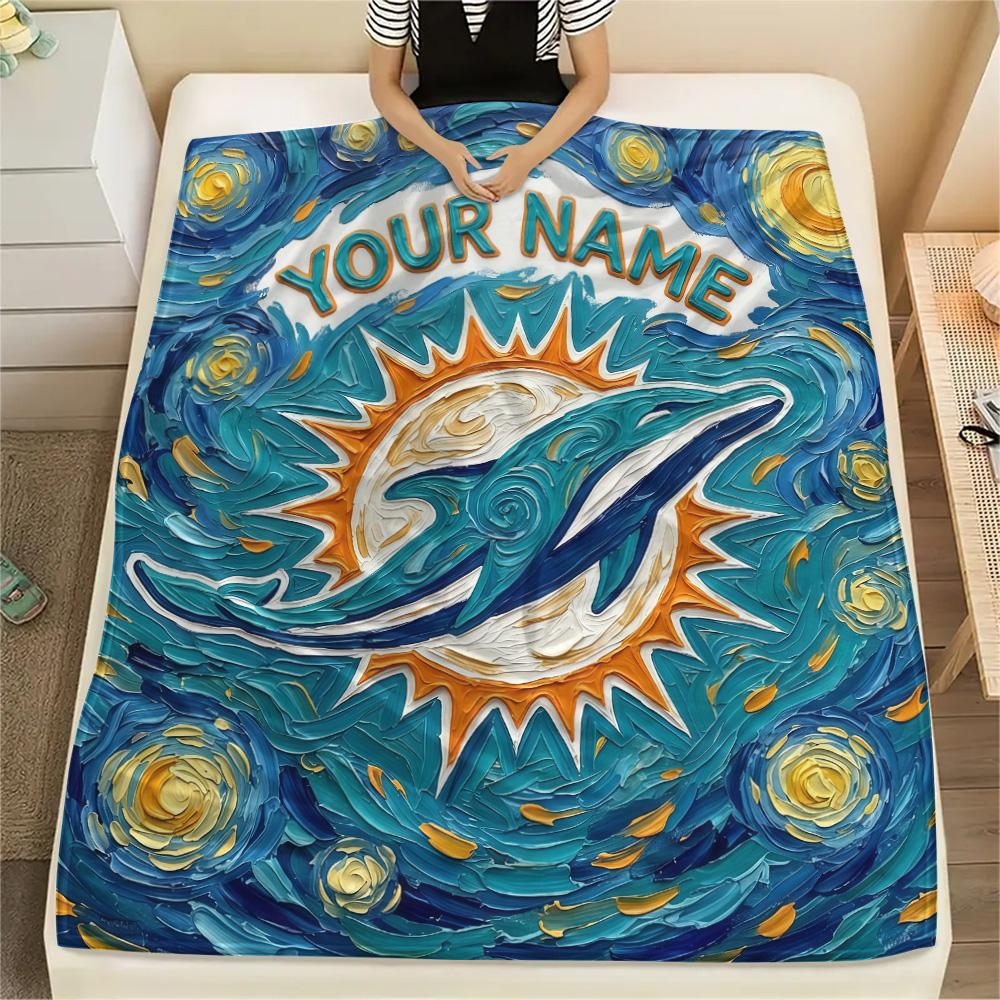 Custom Name Miami Dolphins2 Flannel Blanket, High Quality Comfortable for All Seasons, Home Decor, Warmth and Comfort