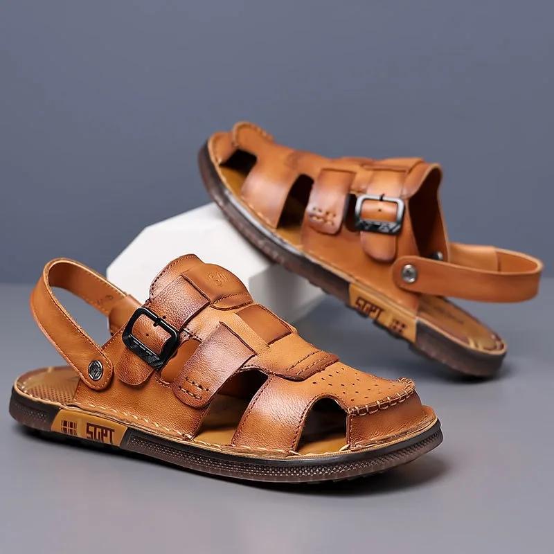 Fashion Summer Luxury Genuine Leather Sandals for Men Platform Hollow Out Beach Men's Sandals Designer Casual Fashion Slippers Shoes Men