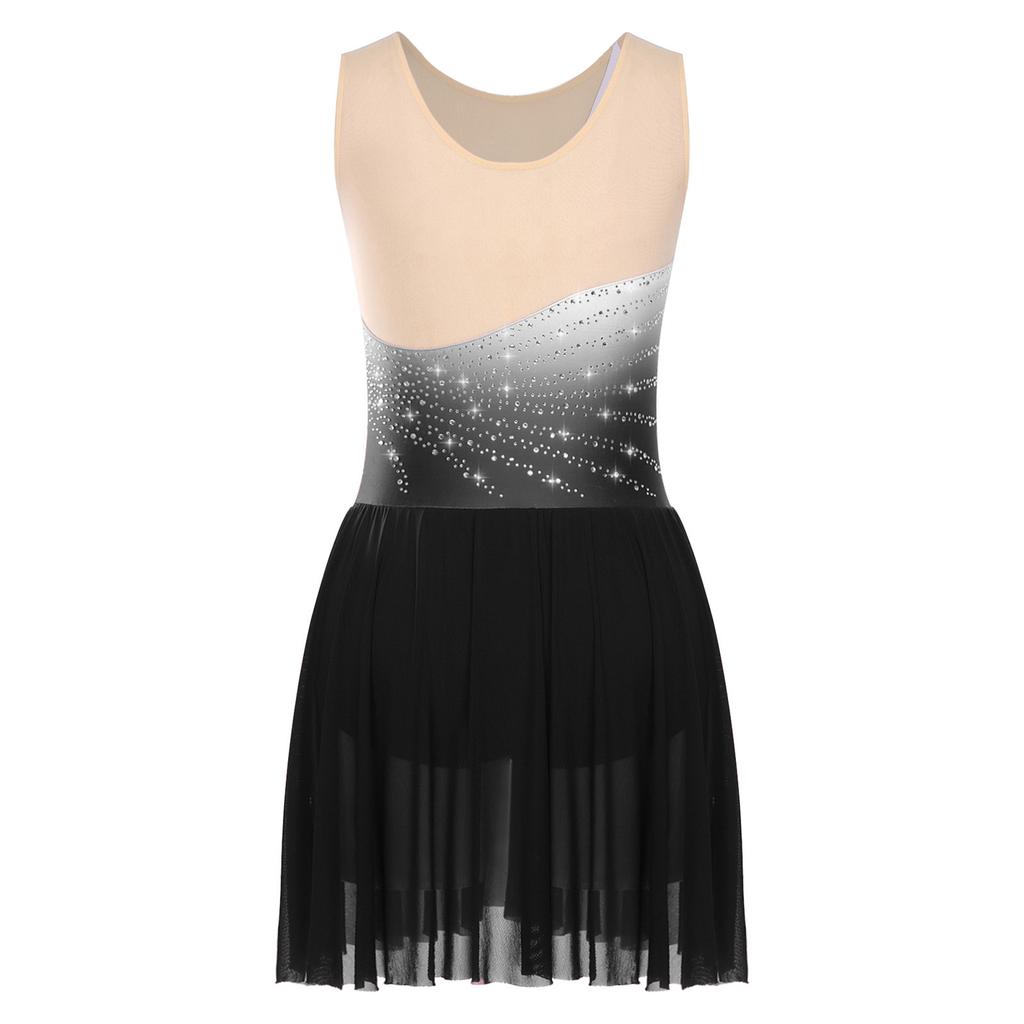 Womens Figure Skating Dress Rhinestones Mesh Patchwork Sleeveless Ice Skating Dress Built In Crotch Briefs