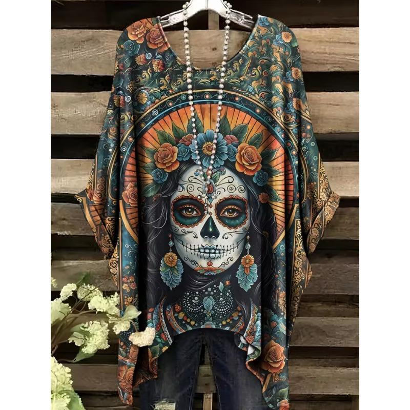 Damen T-Shirt Gothic Stil Bohemian Totenkopf Druck Locker Unregelmäßiger Saum Rundhalsausschnitt Kurzarm Shirt Oversize Y2k Sommerkleidung