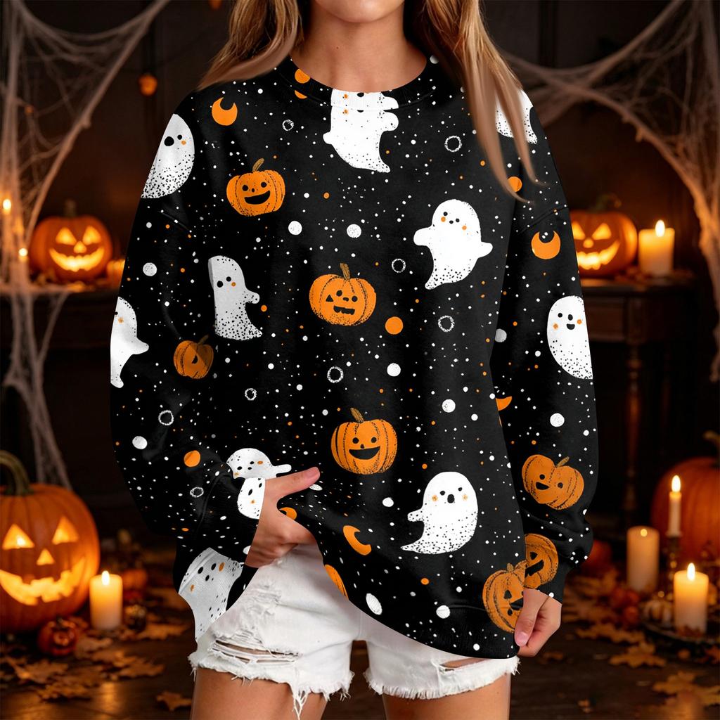 Women's Casual Round Neck Sweatshirt with Halloween Print, Long Sleeve Pullover for Festivals