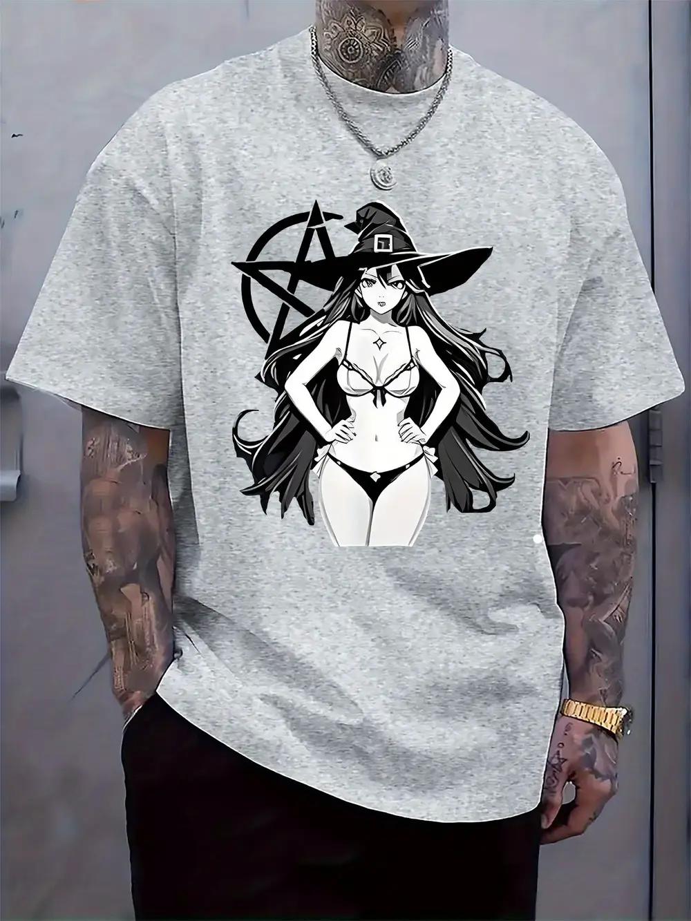 Casual Crew Neck T-shirt with Anime Girl Print - Regular Fit XXXL