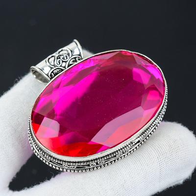 Velký růžový mystický topaz drahokam stříbrný přívěsek v ryzím stříbře 925 - Ručně vyráběný design, šperk pro každodenní nošení, unikátní přívěsek dárek ke Dni otců