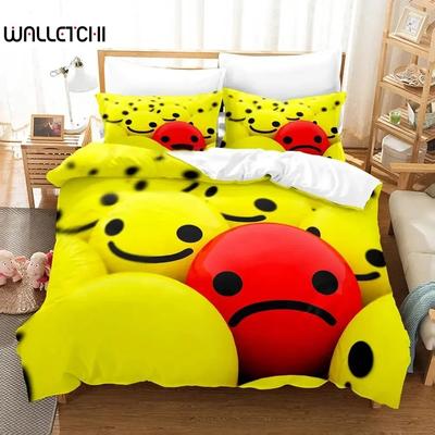 Parure de lit motif smiley avec housse de couette et taie d'oreiller, motif dessin animé, pour lit king size et queen size, pour garçons et adultes