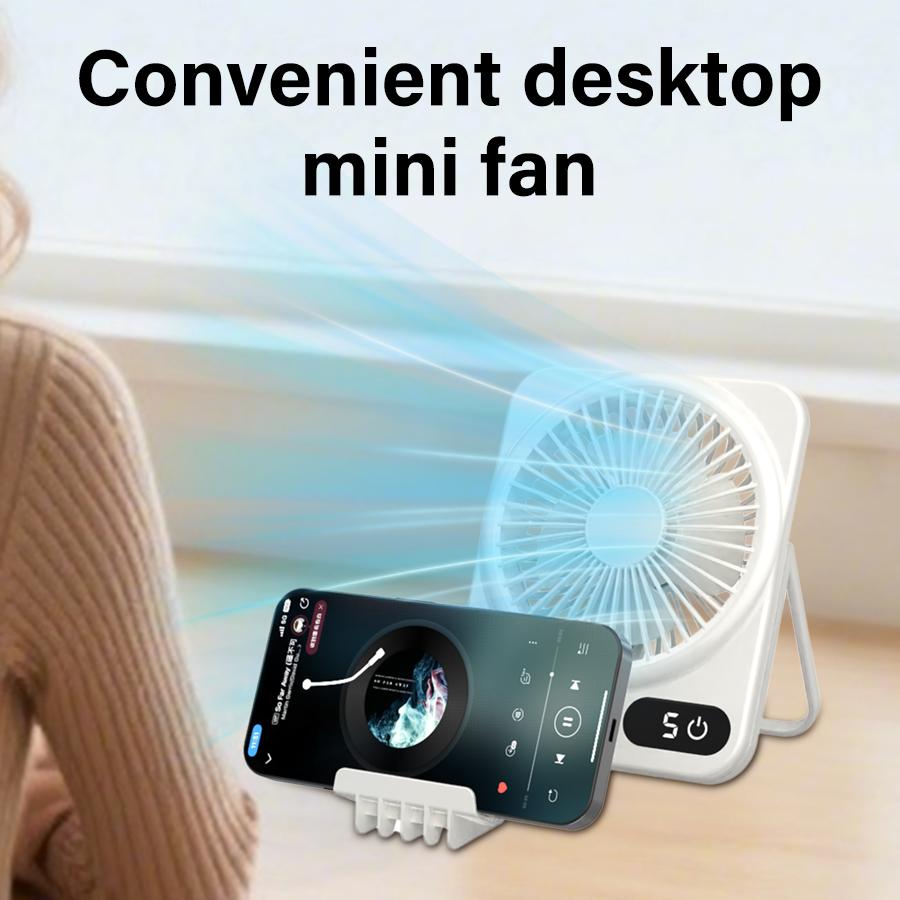 Portable Mini Cooling Fan with Handle Phone Stand Holder 5 Speeds Ultra Quiet 1200mAh 180° Folding Rechargeable Desk Table Fan
