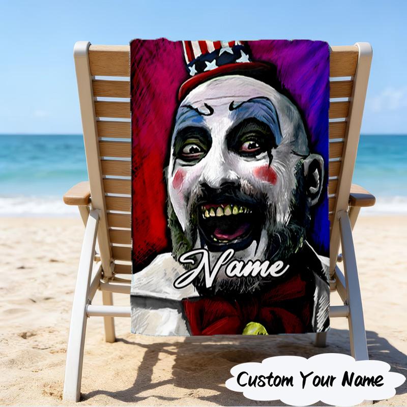 1PC Custom Name Horror Clown Artwork Heart Beach Towel, Lightweight Quick-Dry for Man Woman, for Summer Travel, Swimming Pool Birthday Gift