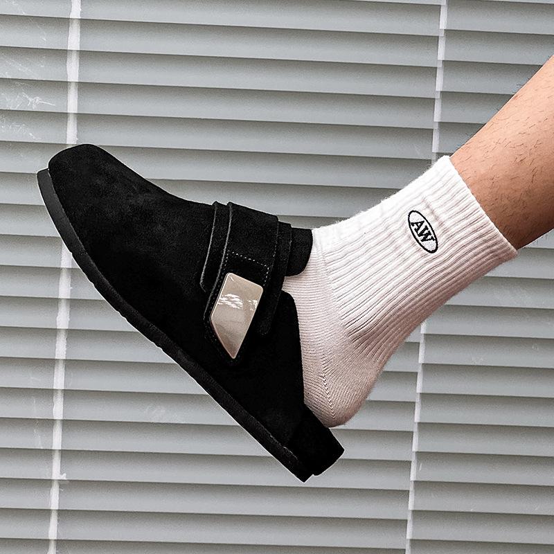 Soft Leather Bag Head Cool Slippers Thick-soled Boken Shoes Men's 2025 New Lazy Fishing Outer Shoes 59901 black-J
