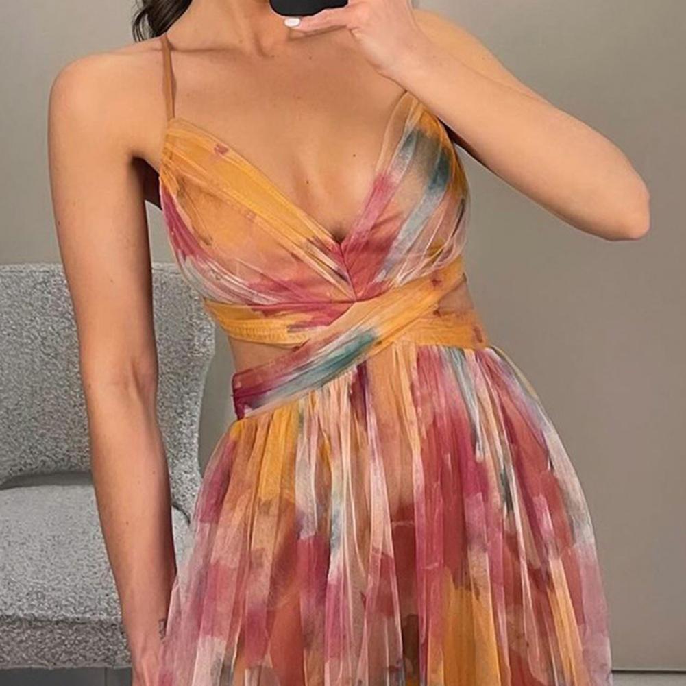 Women Evening Dress Mesh Colorful Printing Low-cut Sleeveless Backless Spaghetti Strap Pleated A-line Floor Length Tight Waist