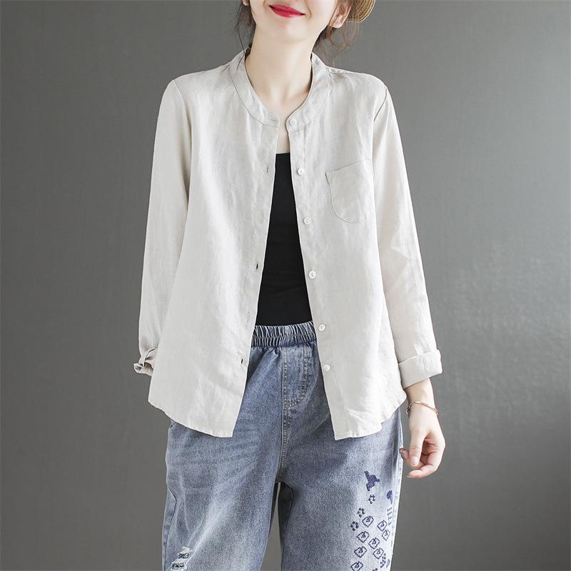 

Литературная Ретро Хлопково-льняная Рубашка с Воротником-стойкой и Длинным Рукавом Женская Весенне-осенняя Тонкая Свободная и Стройнящая Однотонная Повседневная XXL белый